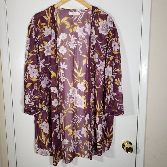 BOG Collective Tops - BOG Collective Purple Sheer Floral Kimono Vacation Summer Size M/L